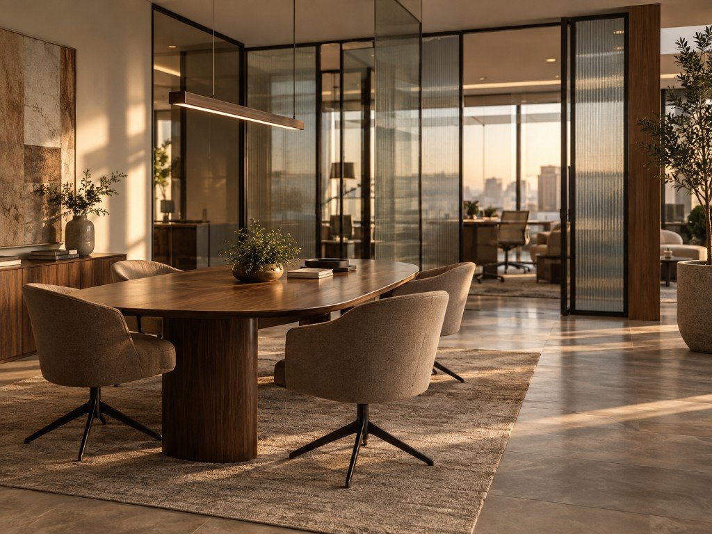 Sala contemporânea em madeira e vidro, com luz natural, usada como imagem da psicoterapia.